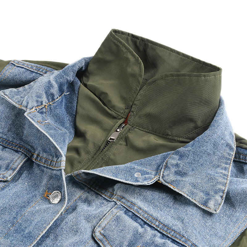 Winter New Irregular Contrast Color Washed Denim Stitching Stand-Collar Jacket Coat Cotton Padded Clothes