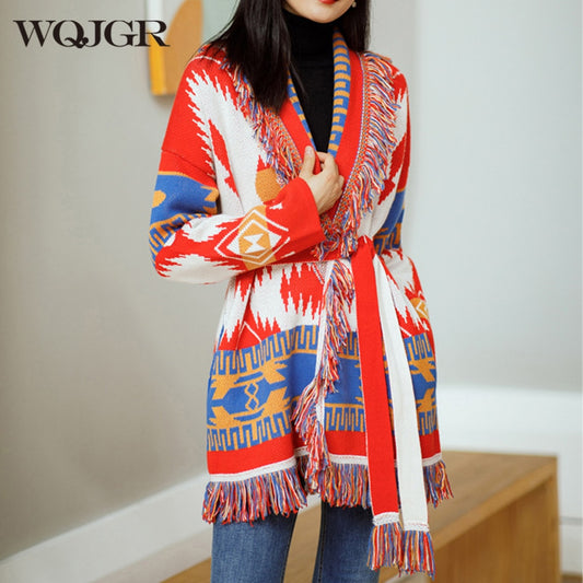 WQJGR Autumn Winter Cardigan Sweater Women Wool Kniited Tassel Colorful Print Loose Full Sleeve Fashion High Quality