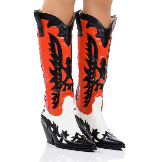 Women Multicolor Wedge Heels Boots Western Cowboy Cowgirl Pointy Toe Patchwork Knee High Boots Female