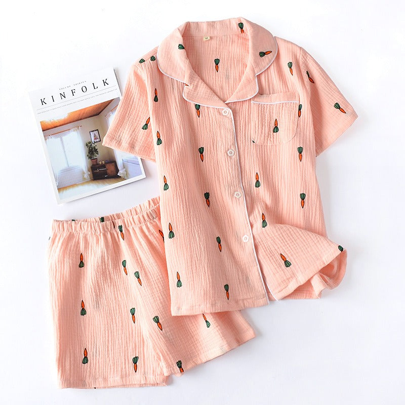 Women Cotton Pajama Sets Carrot Print Pattern Long Sleeve Shirt+trousers Soft Sleepwear Set Nightie Home Clothes Autumn