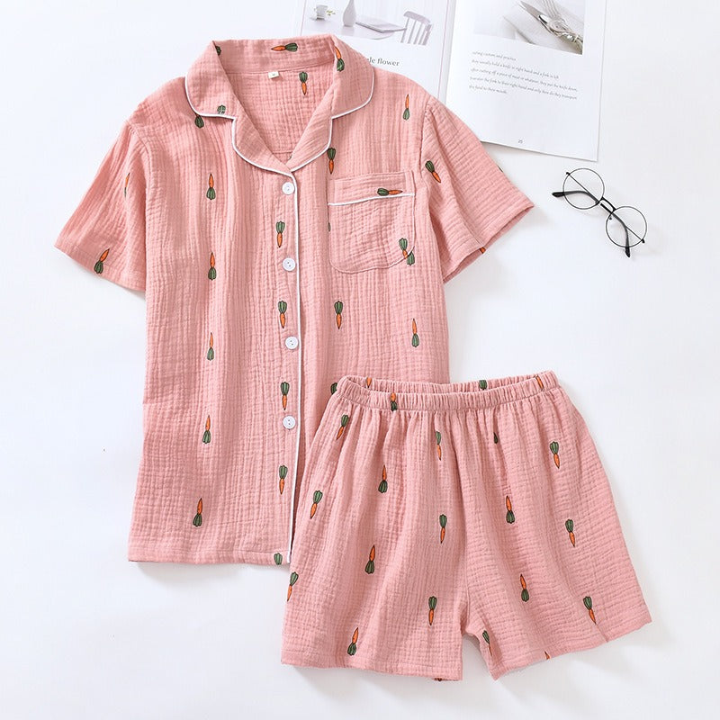 Women Cotton Pajama Sets Carrot Print Pattern Long Sleeve Shirt+trousers Soft Sleepwear Set Nightie Home Clothes Autumn