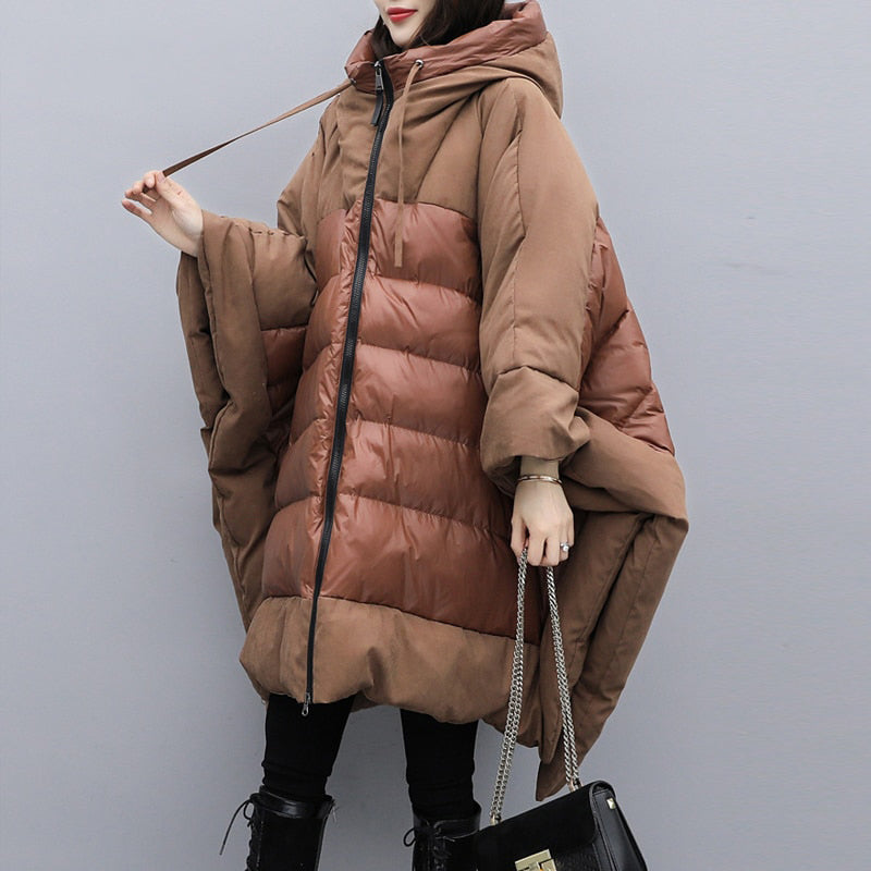 Women's Thickened New Winter Wear Medium Long Brown Fashion Loose Large Size Bat Sleeve Cloak Jacket Down Jacket