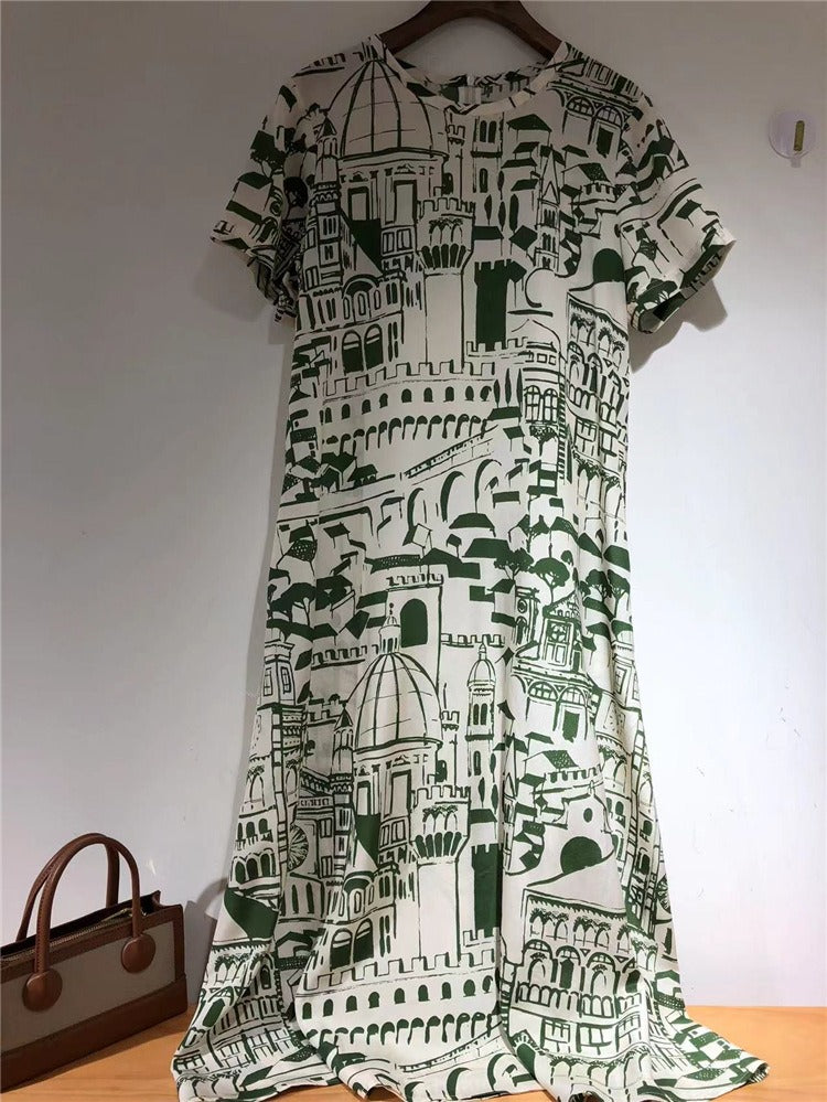 Women Vintage Architecture Print Short Sleeve Silk A-Line Dress