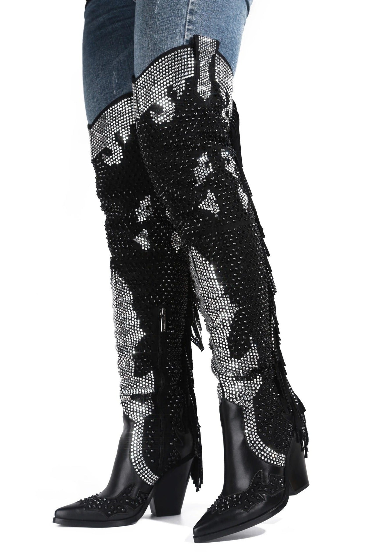 Women Rhinestone Over The Knee Boots Winter Crystal Fringe Western Cowboy Boots Women