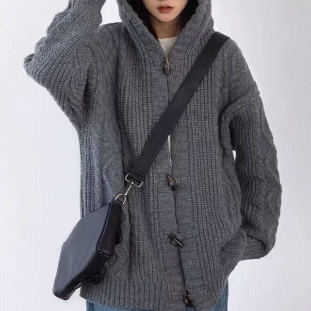 Women Sweater  Solid Color Cardigans Hooded Single Breasted Slim Lady Knitwear Tops Femme Korean High Street Autumn Winter