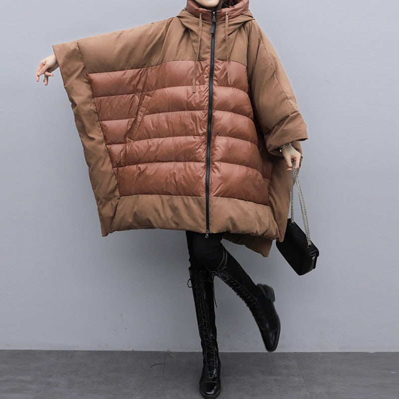 Women's Thickened New Winter Wear Medium Long Brown Fashion Loose Large Size Bat Sleeve Cloak Jacket Down Jacket