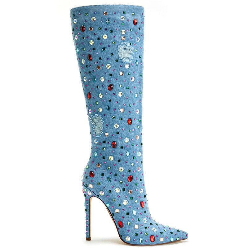 Women Multicolored Gemstone Denim Bootie Sexy Pointed Toe Stiletto Knee High Boots Ladies Ankle Zipper Rhinestone Studded Shoes