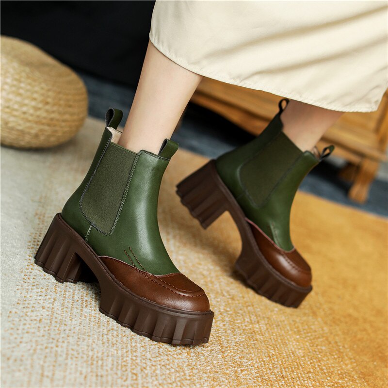 Women Thick Heels Ankle Boots Fashion Mixed Colors Genuine Leather Platforms Shoes Autumn Winter Working Casual