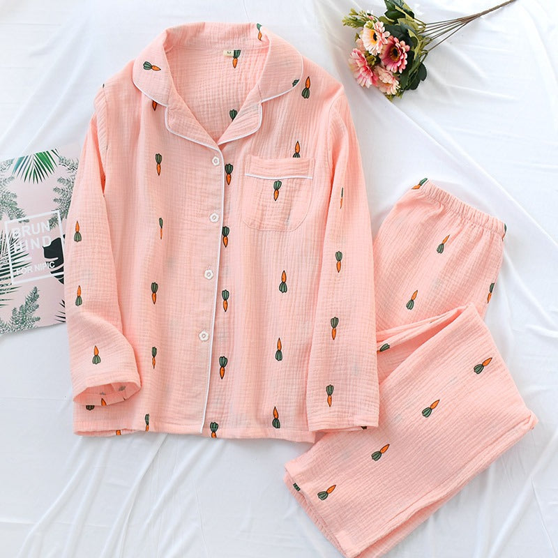 Women Cotton Pajama Sets Carrot Print Pattern Long Sleeve Shirt+trousers Soft Sleepwear Set Nightie Home Clothes Autumn