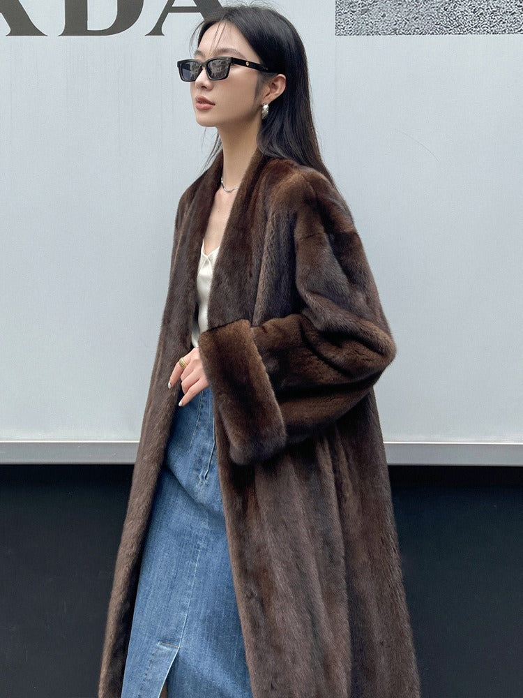 Winter Long Vintage Elegant Luxury Chic Thick Warm Soft Brown Fluffy Faux Mink Fur Coat Women V Neck