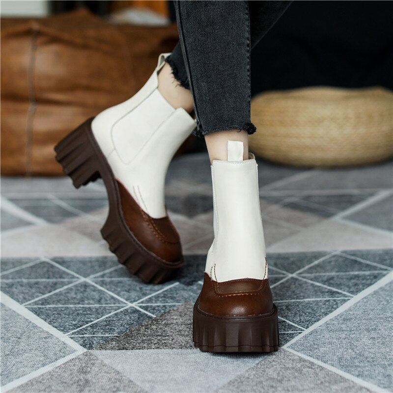 Women Thick Heels Ankle Boots Fashion Mixed Colors Genuine Leather Platforms Shoes Autumn Winter Working Casual