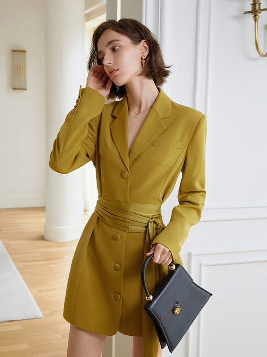 Women Yellow Belted Big Size Elegant Blazer Dress New Lapel Long Sleeve Loose Fit Fashion Spring Autumn