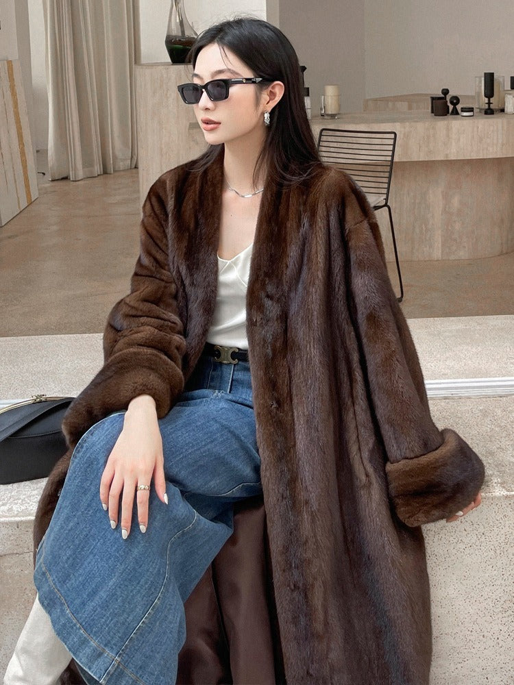 Winter Long Vintage Elegant Luxury Chic Thick Warm Soft Brown Fluffy Faux Mink Fur Coat Women V Neck