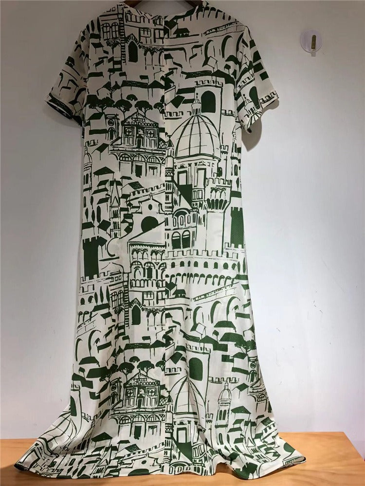 Women Vintage Architecture Print Short Sleeve Silk A-Line Dress