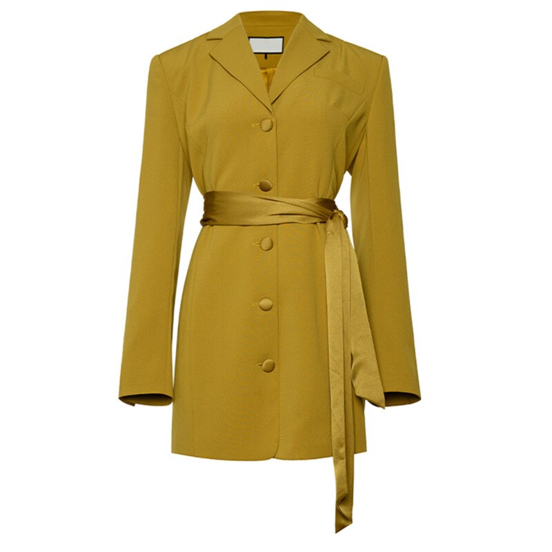 Women Yellow Belted Big Size Elegant Blazer Dress New Lapel Long Sleeve Loose Fit Fashion Spring Autumn