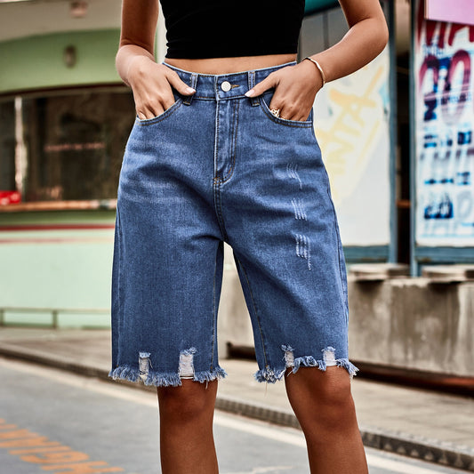 Women Denim Shorts High Waist Ripped Jeans Shorts Street Denim Perforated Fashion Fur Fringe Five-Point Shorts