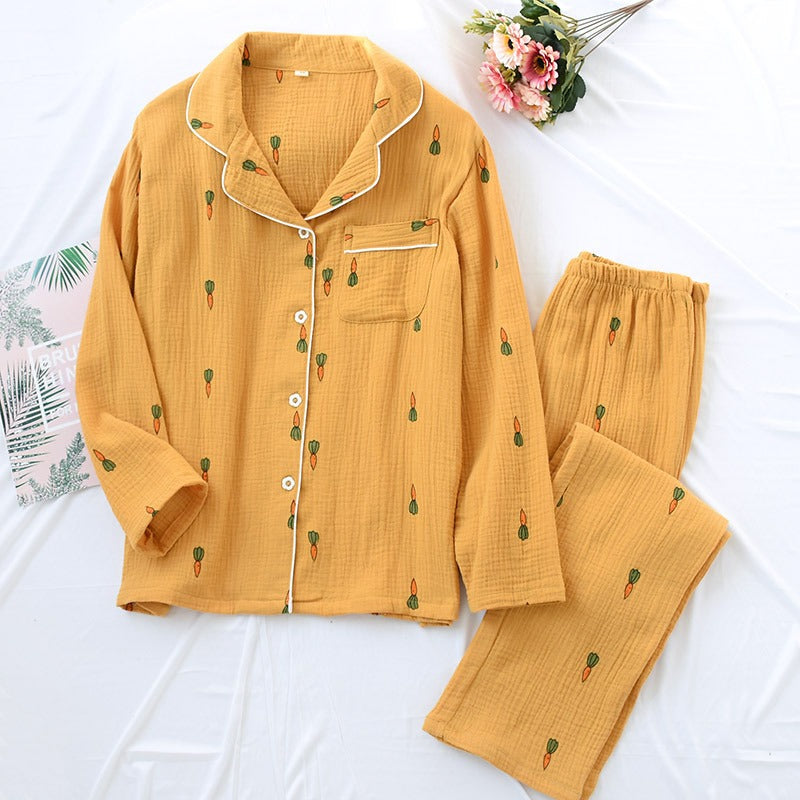 Women Cotton Pajama Sets Carrot Print Pattern Long Sleeve Shirt+trousers Soft Sleepwear Set Nightie Home Clothes Autumn