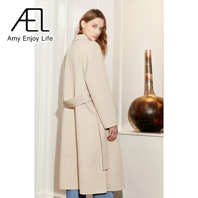 Wool Slim Fit Coat Autumn and Winter New Medium Long Lace up Vintage Slouchy Woolen Coat