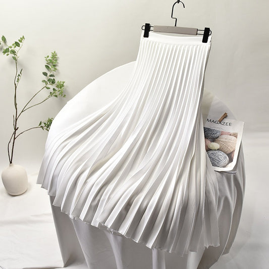 Women A-Line Spring Pleated Skirt Elegant High Waist Long Skirt