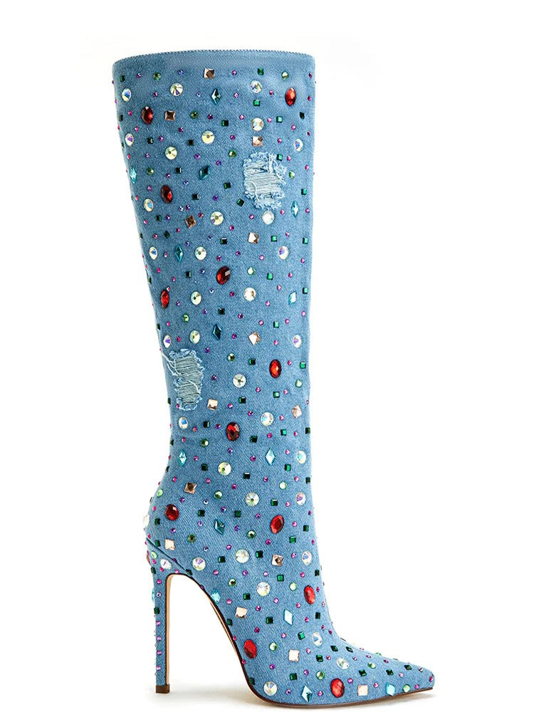 Women Multicolored Gemstone Denim Bootie Sexy Pointed Toe Stiletto Knee High Boots Ladies Ankle Zipper Rhinestone Studded Shoes