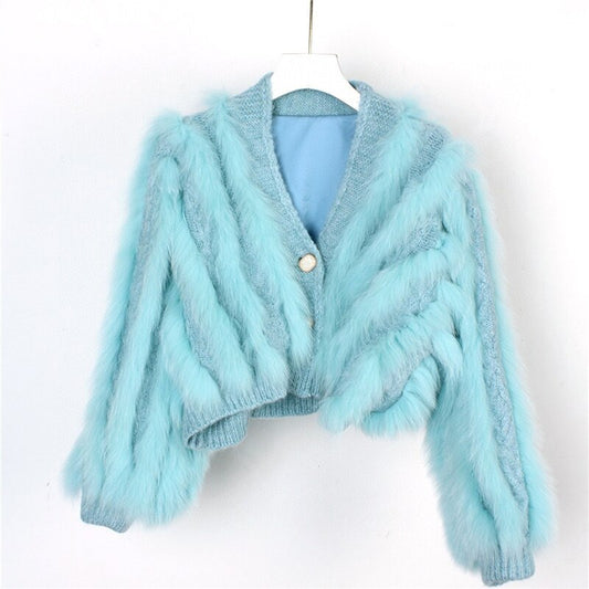 Winter New Fox Car Strip Sweater Women's Ultra-Short Cardigan Waistcoat Light Luxury