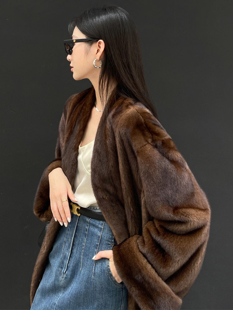 Winter Long Vintage Elegant Luxury Chic Thick Warm Soft Brown Fluffy Faux Mink Fur Coat Women V Neck