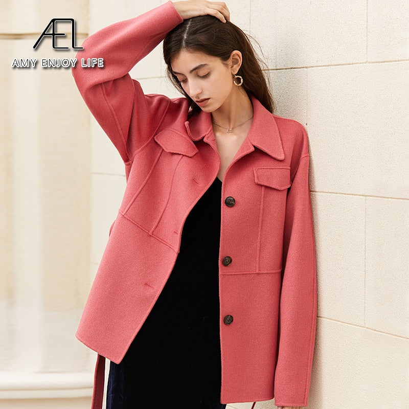 100% Wool Woolen Coat With Belt Spring Autumn Jacket For Women Solid With Scarf Warm Fashion Streetwear