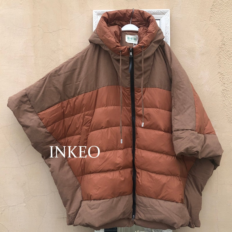 Women's Thickened New Winter Wear Medium Long Brown Fashion Loose Large Size Bat Sleeve Cloak Jacket Down Jacket