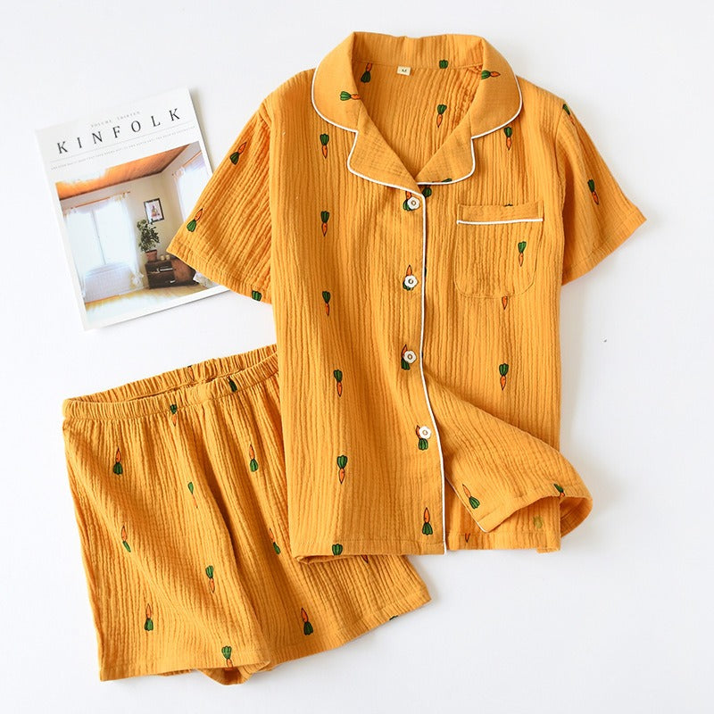 Women Cotton Pajama Sets Carrot Print Pattern Long Sleeve Shirt+trousers Soft Sleepwear Set Nightie Home Clothes Autumn