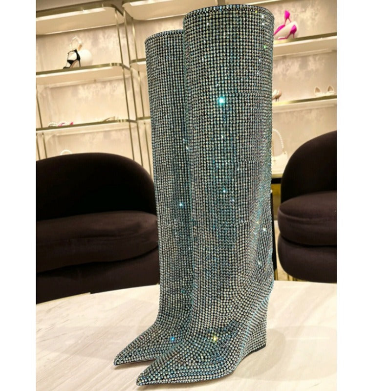 Wedges Pointed Toe Designer Shiny Rhinestone Upper Knee High Boots Slip on Women's Winter Runway Party Dress Boot Bling Shoes