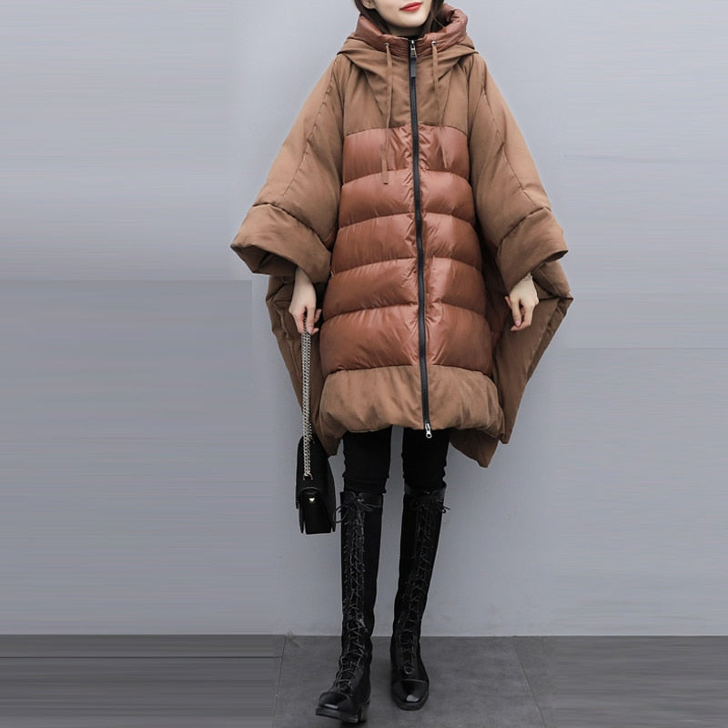 Women's Thickened New Winter Wear Medium Long Brown Fashion Loose Large Size Bat Sleeve Cloak Jacket Down Jacket