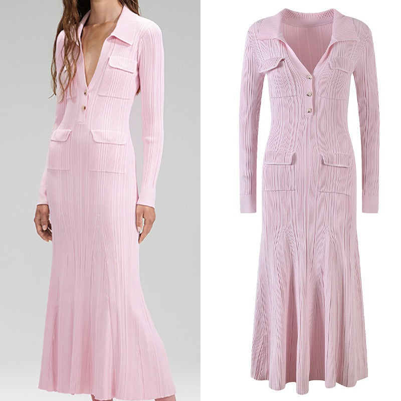 Women's pink knitted medium-length dress senior sense of fashion temperament polo collar waist-skimming long dress