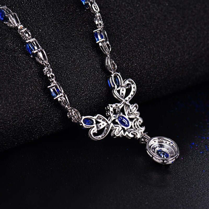 Women Sapphire Pendants Necklace Real 18k White Gold 5.68Ct Natural Oval Sapphire Accented Diamonds Anniversary Party Necklace