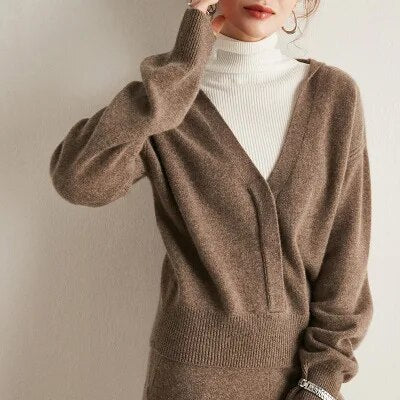 100 Pure Cashmere suits  women autumn and winter new pure cashmere suit two-piece suit knitted V-neck  wide-leg pants