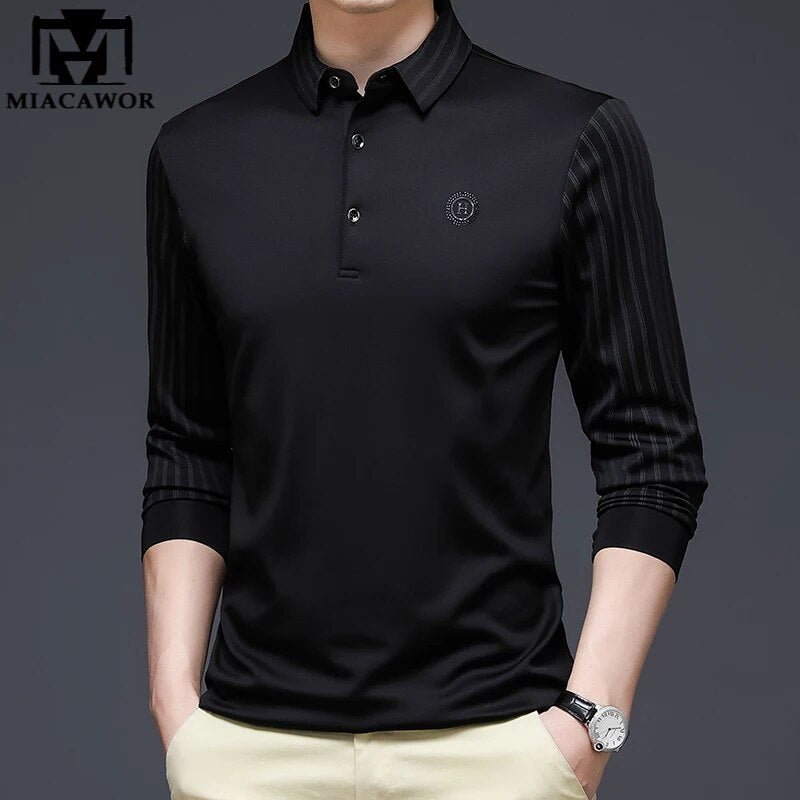 2023 New Men Polo Shirts Slim Fit Striped Patchwork Tee Shirts Homme Spring Autumn Long sleeve Korean Casual Tops Tees T1071