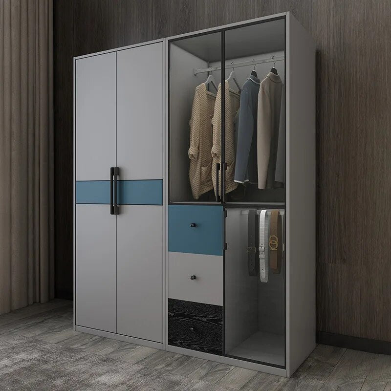 Wardrobe Wooden Assembly Full Set Flat-Packed Furniture Glass Door Bedroom Household Multi-Function Six-Door Wardrobe