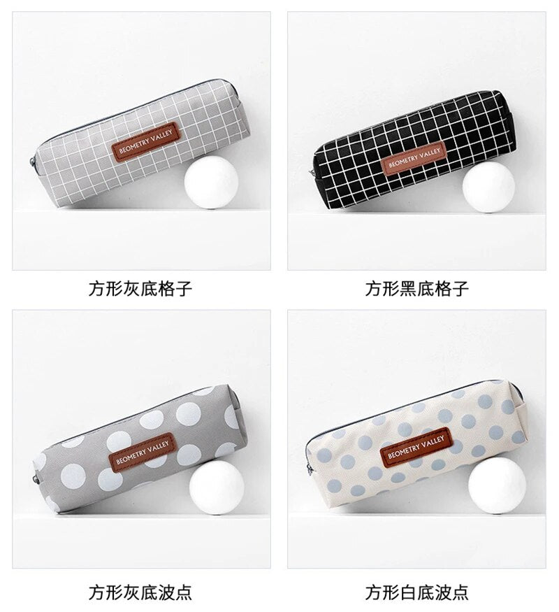 1PCS Small Fresh Square Lattice Dots Pencil Case Office Stationery and School Supplies Canvas Material Pencil Bag