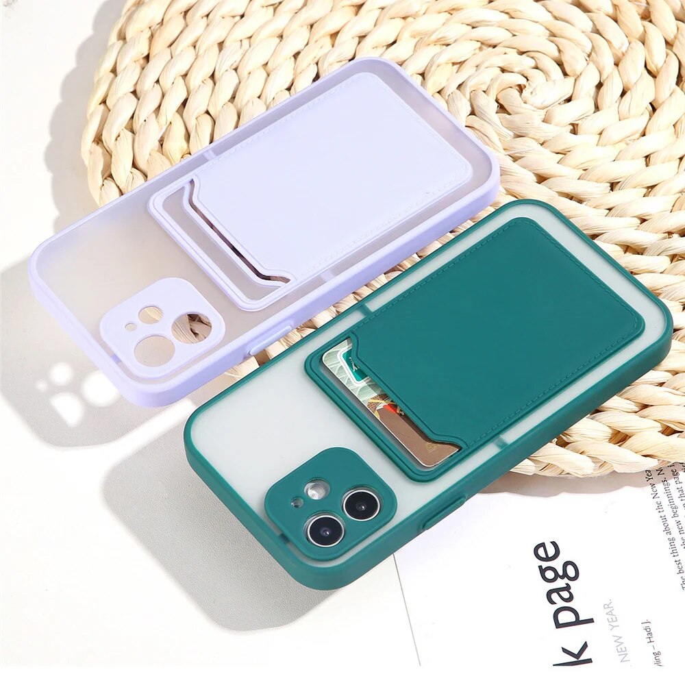 2 IN 1 Card Holder Shockproof Matte Case For iPhone 12 11 Pro Max XR X XS 6 7 8 Plus Mini Luxury Bumper Armor Hard PC Soft Cover