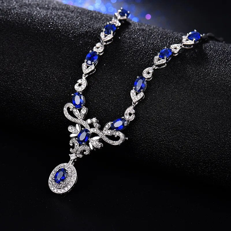 Women Sapphire Pendants Necklace Real 18k White Gold 5.68Ct Natural Oval Sapphire Accented Diamonds Anniversary Party Necklace