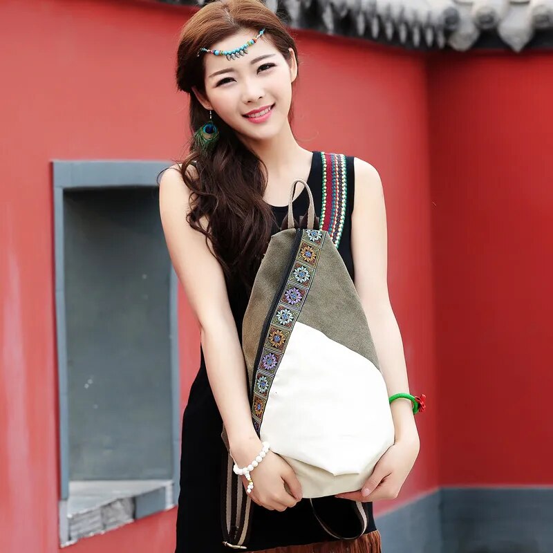 2021 New Vintage Canvas Backpack Women Embroidery Patchwork Drawstring Travel Bag Bucket Shoulder Bags Mochila Rucksack