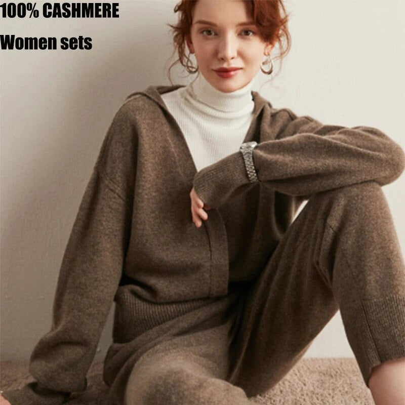 100 Pure Cashmere suits  women autumn and winter new pure cashmere suit two-piece suit knitted V-neck  wide-leg pants