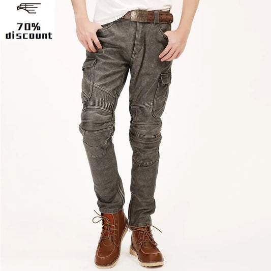 2020 Vintage Grey Men American Casual Style Motorcycle Leather Trousers Plus Size 4XL Genuine Thick Cowhide Pants FREE SHIPPING