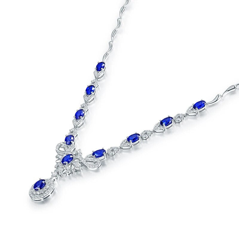 Women Sapphire Pendants Necklace Real 18k White Gold 5.68Ct Natural Oval Sapphire Accented Diamonds Anniversary Party Necklace