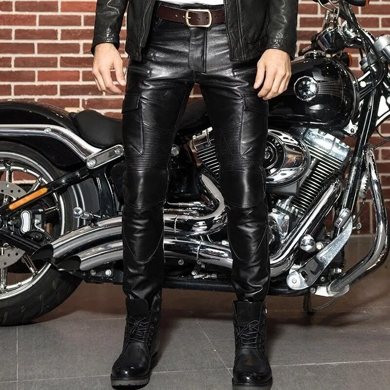 Winter Luxury Mens Genuine Leather Pants Skinny Motorcycle Cowhide Leather Pants Warm Windproof Long Trousers Man Slim Fit Pants