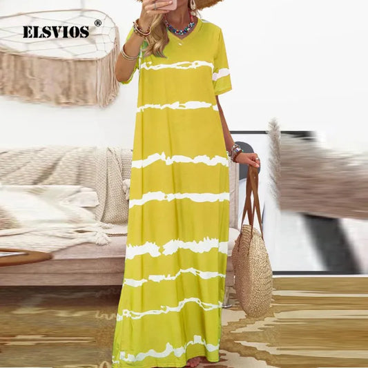 2020 Summer Boho Dress Women Striped Print V Neck Long Party Dress Elegant Short Sleeve Casual Beach Dresses Vestidos Plus Size