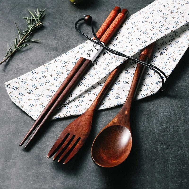 Wooden Cutlery Set Wood Spoon Fork Japanese Style Spoon Fork Chopsticks Set Long Handle Dinner Spoon Portable Tableware With Bag