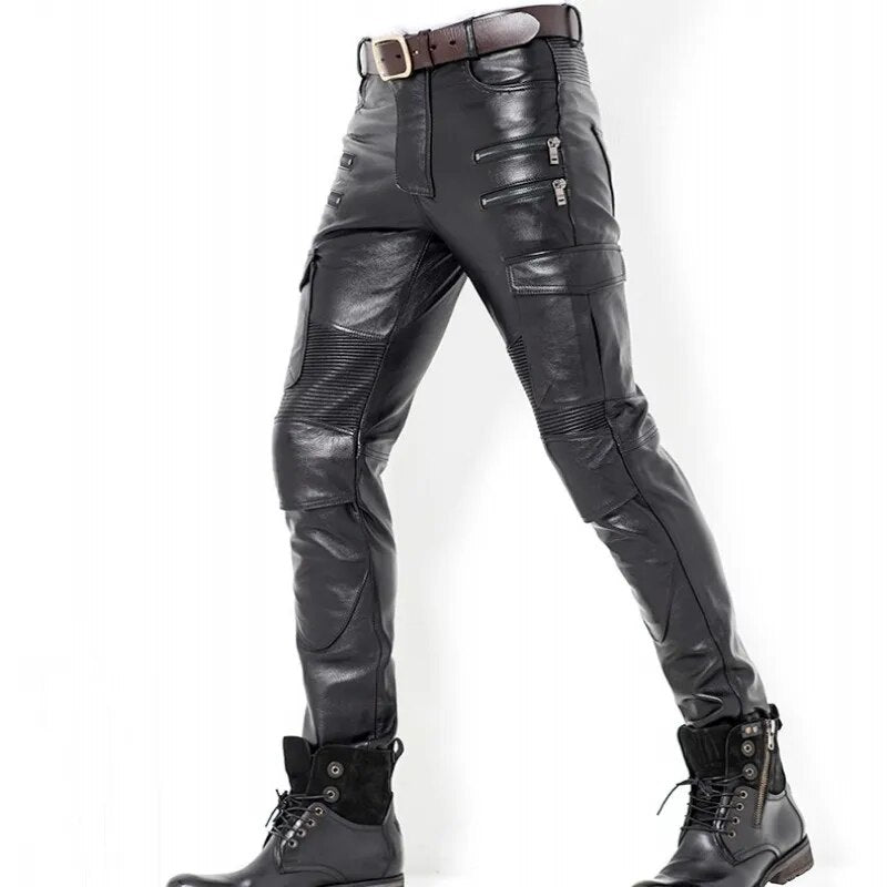 Winter Luxury Mens Genuine Leather Pants Skinny Motorcycle Cowhide Leather Pants Warm Windproof Long Trousers Man Slim Fit Pants