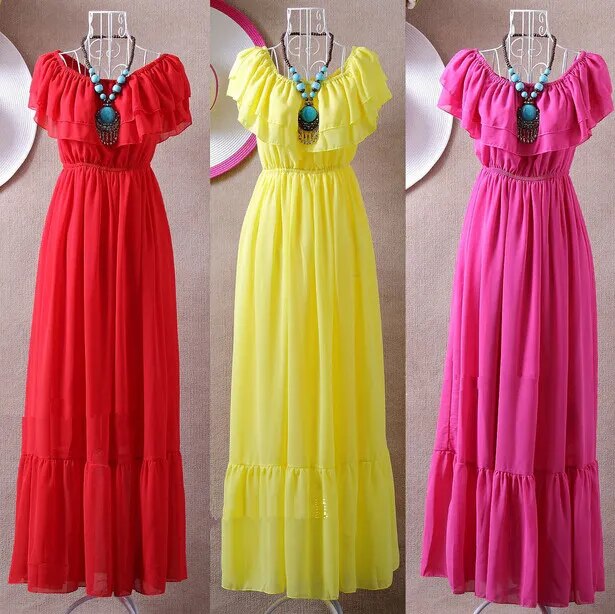 2023 slash neck ruffles bohemian chiffon full dress,girl long dress vestido de festa,Summer  women dresses