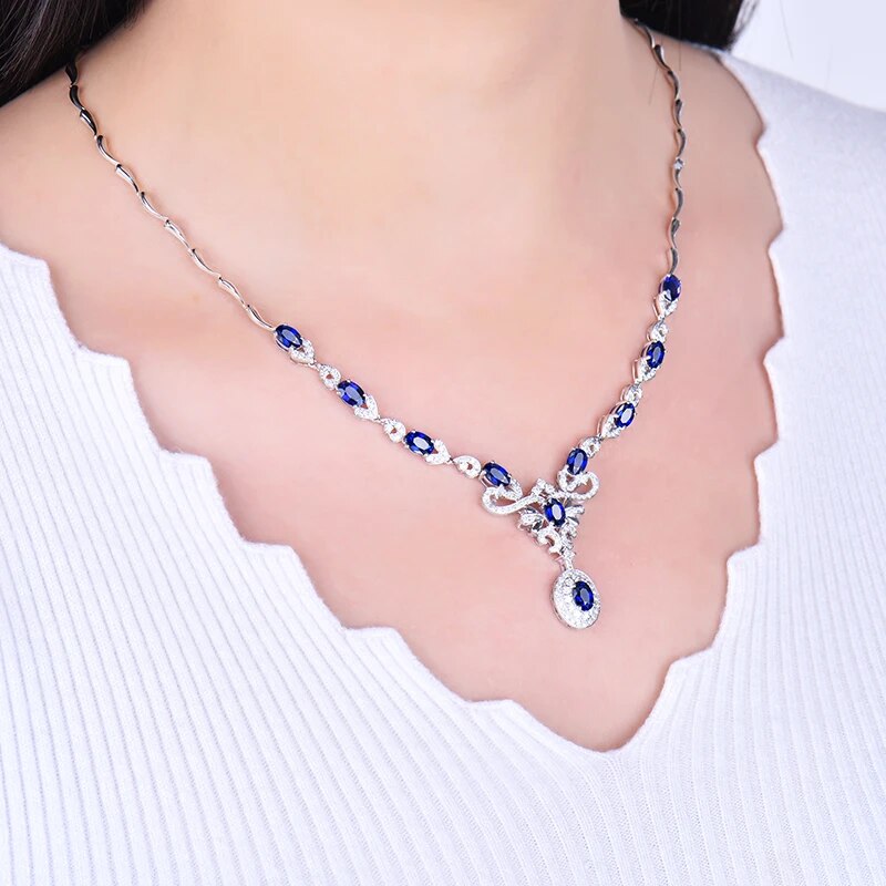 Women Sapphire Pendants Necklace Real 18k White Gold 5.68Ct Natural Oval Sapphire Accented Diamonds Anniversary Party Necklace