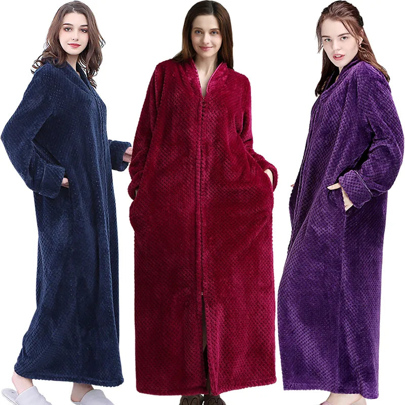 Women Winter Extra Long Thick Warm Bath Robe Plus Size Zipper Luxury Flannel Peignoir Pregnant Bathrobe Men Coral Fleece Robes